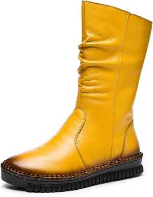 URLECHS Women's Leather Side Zipper Flat Heel Soft Sole Mid-Calf Boot Wide Round Toe Fur Lined Warm Winter Boots Casual Fashion Non-Slip Flat Boots