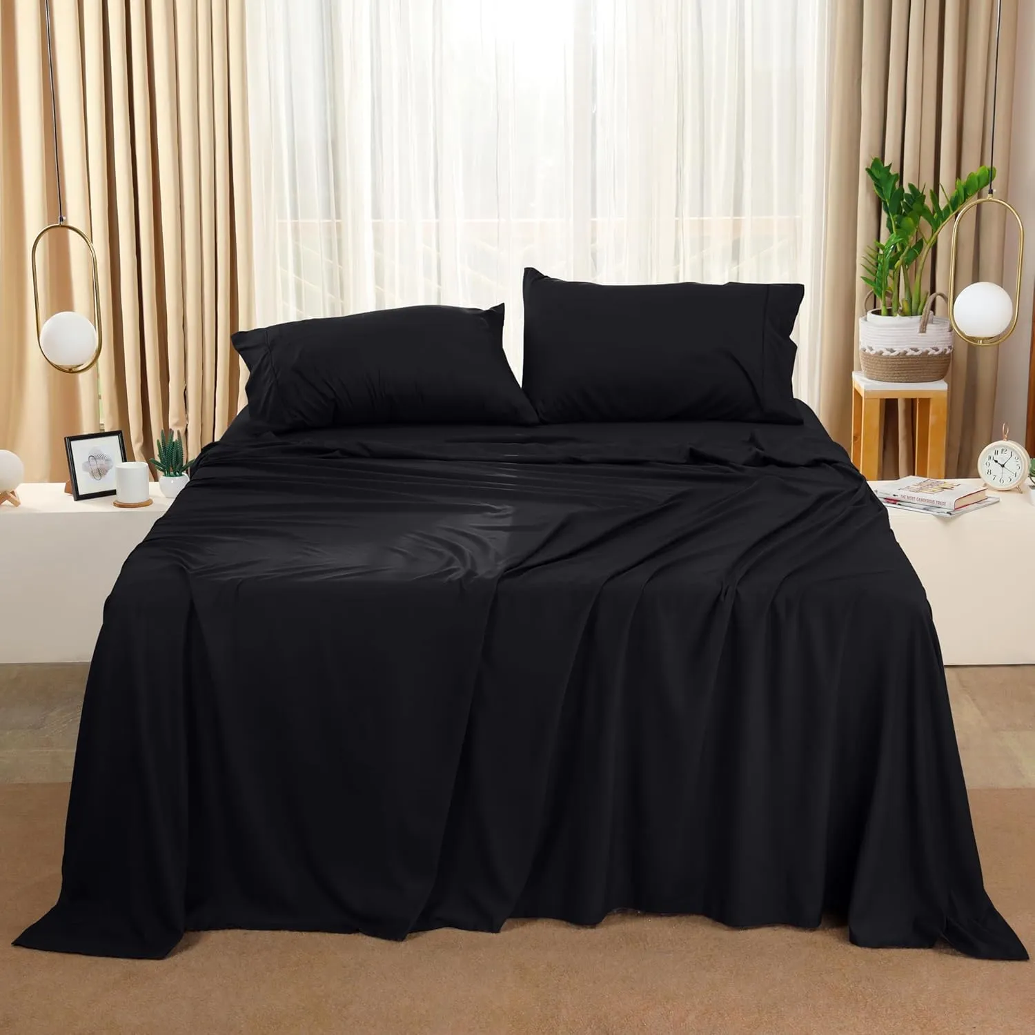 Utopia Bedding Queen Sheet Set – 4 Piece Bed Sheets for Queen Size Bed, Soft and Breathable Microfiber, Includes 1 Fitted Sheet, 1 Flat Sheet and 2 Pillowcases (Black)