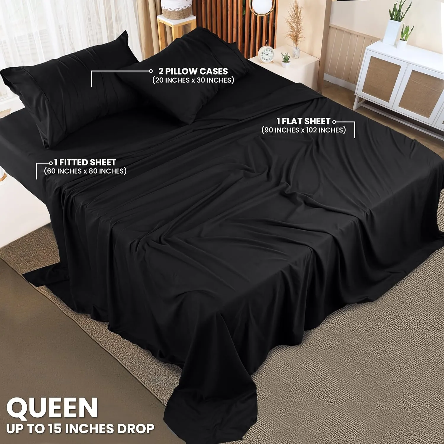 Utopia Bedding Queen Sheet Set – 4 Piece Bed Sheets for Queen Size Bed, Soft and Breathable Microfiber, Includes 1 Fitted Sheet, 1 Flat Sheet and 2 Pillowcases (Black)