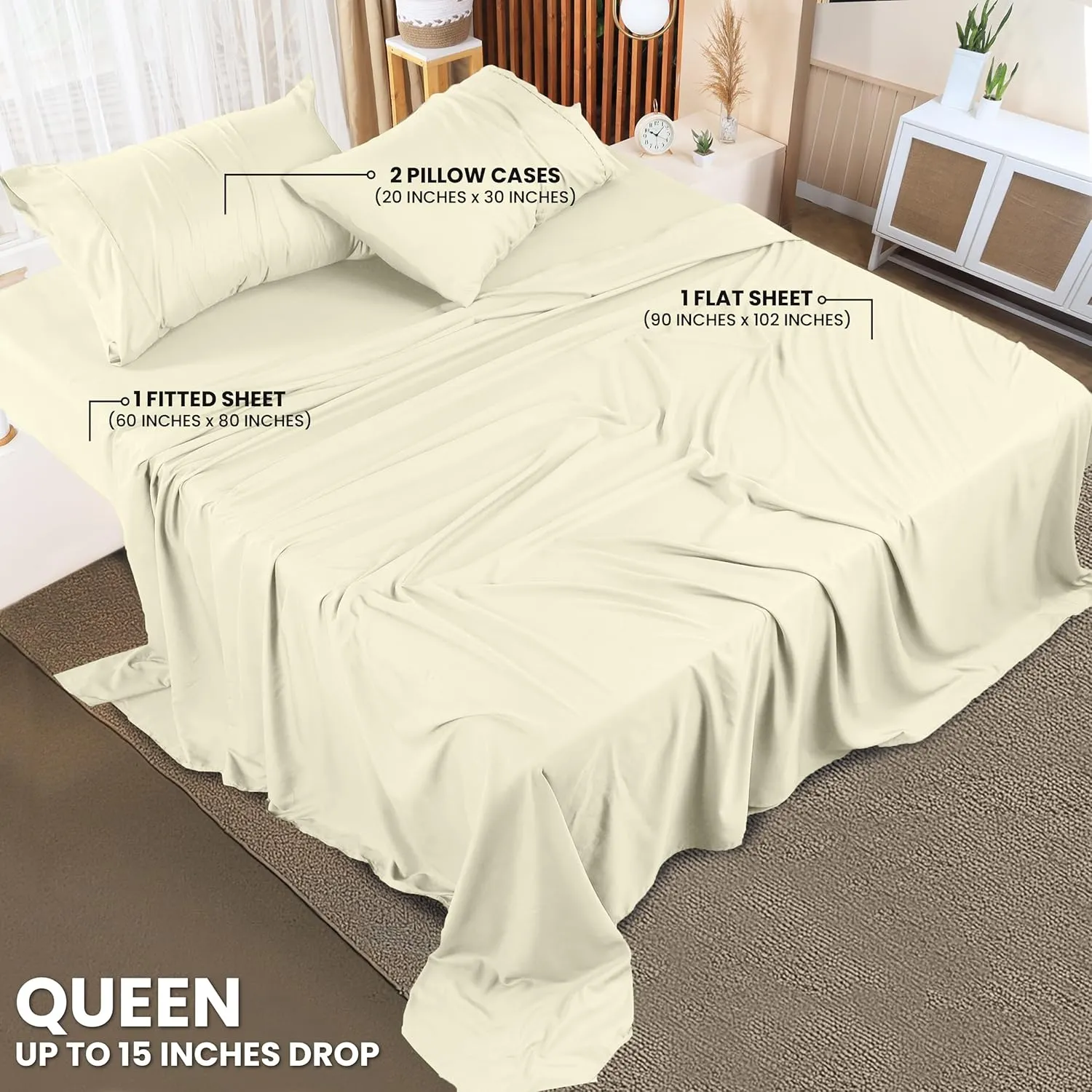 Utopia Bedding Queen Sheet Set – 4 Piece Bed Sheets for Queen Size Bed, Soft and Breathable Microfiber, Includes 1 Fitted Sheet, 1 Flat Sheet and 2 Pillowcases (Ivory)