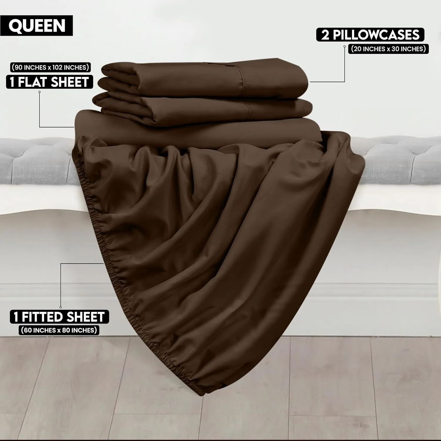 Utopia Bedding Queen Sheet Set - Brushed Microfiber - Soft Bed Sheets for Queen Size Bed Set - Includes 1 Fitted, 1 Flat, & 2 Pillow Cases - Deep Pocket (Brown)