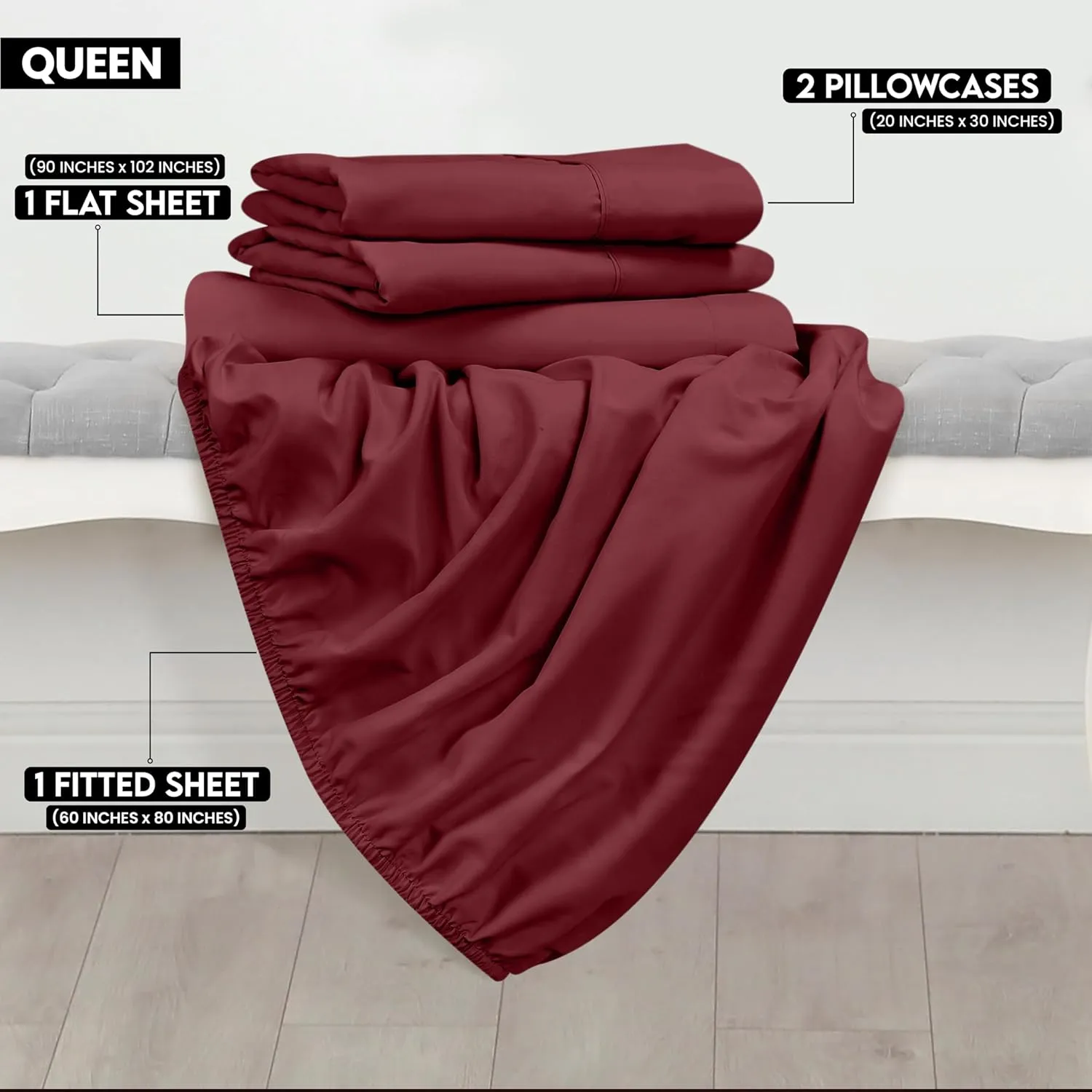 Utopia Bedding Queen Sheet Set - Brushed Microfiber - Soft Bed Sheets for Queen Size Bed Set - Includes 1 Fitted, 1 Flat, & 2 Pillow Cases - Deep Pocket (Burgundy)