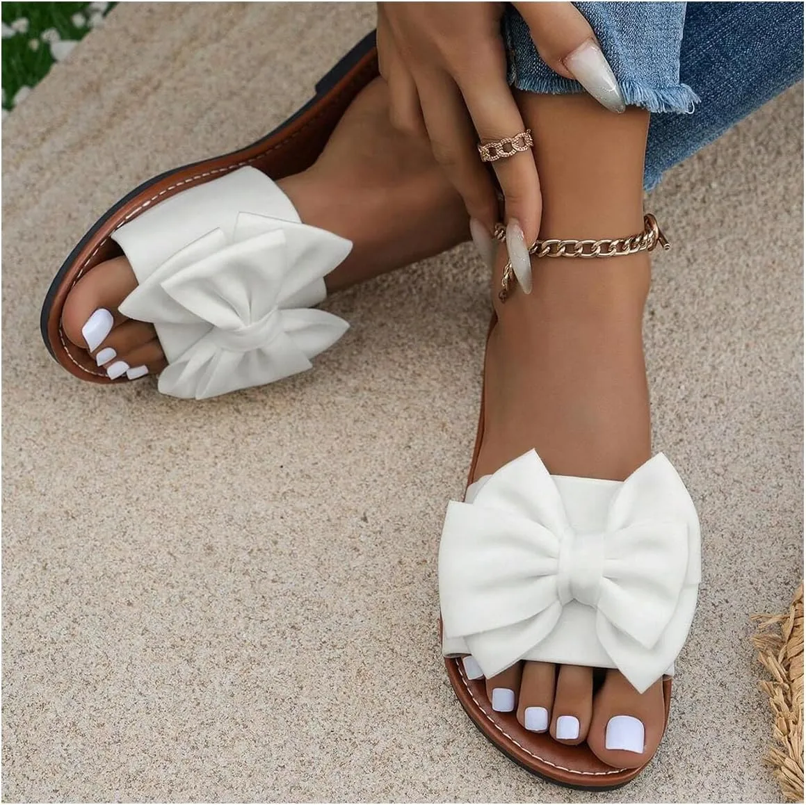 Verdusa Women's 3D Bow Leather Flat Sandals Slip on Open Toe Summer Slippers