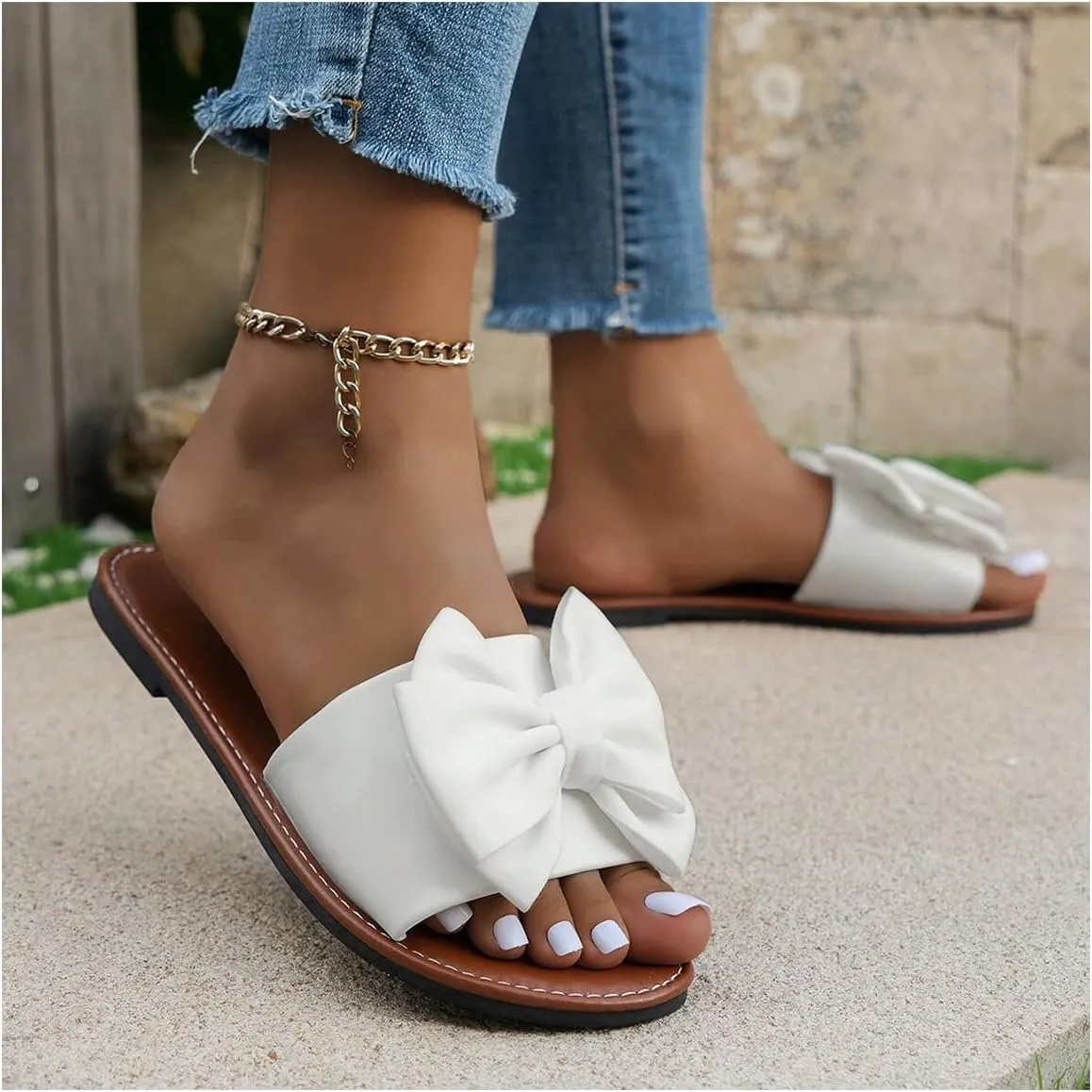 Verdusa Women's 3D Bow Leather Flat Sandals Slip on Open Toe Summer Slippers