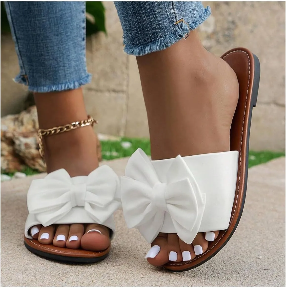 Verdusa Women's 3D Bow Leather Flat Sandals Slip on Open Toe Summer Slippers