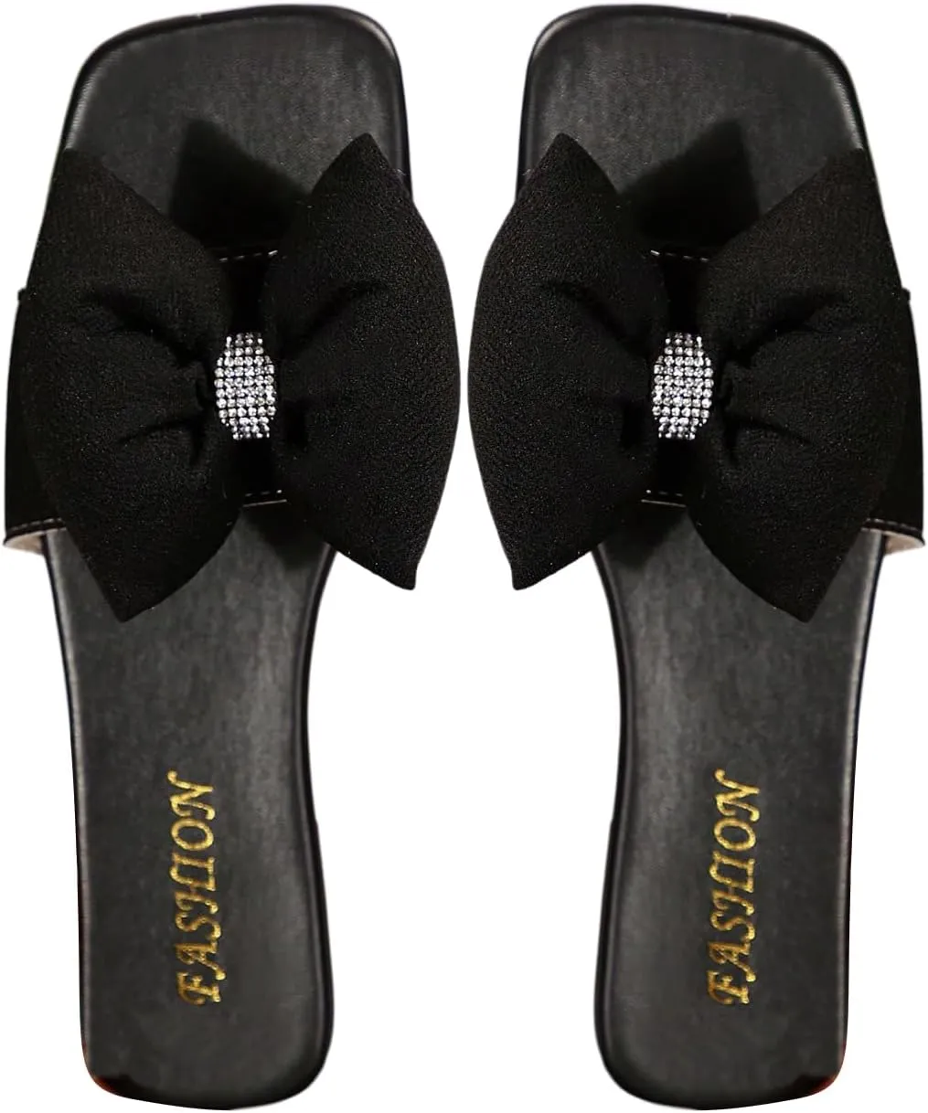 Verdusa Women's Bow Square Toe Flat Sandals Summer Slides Slip On Sandals