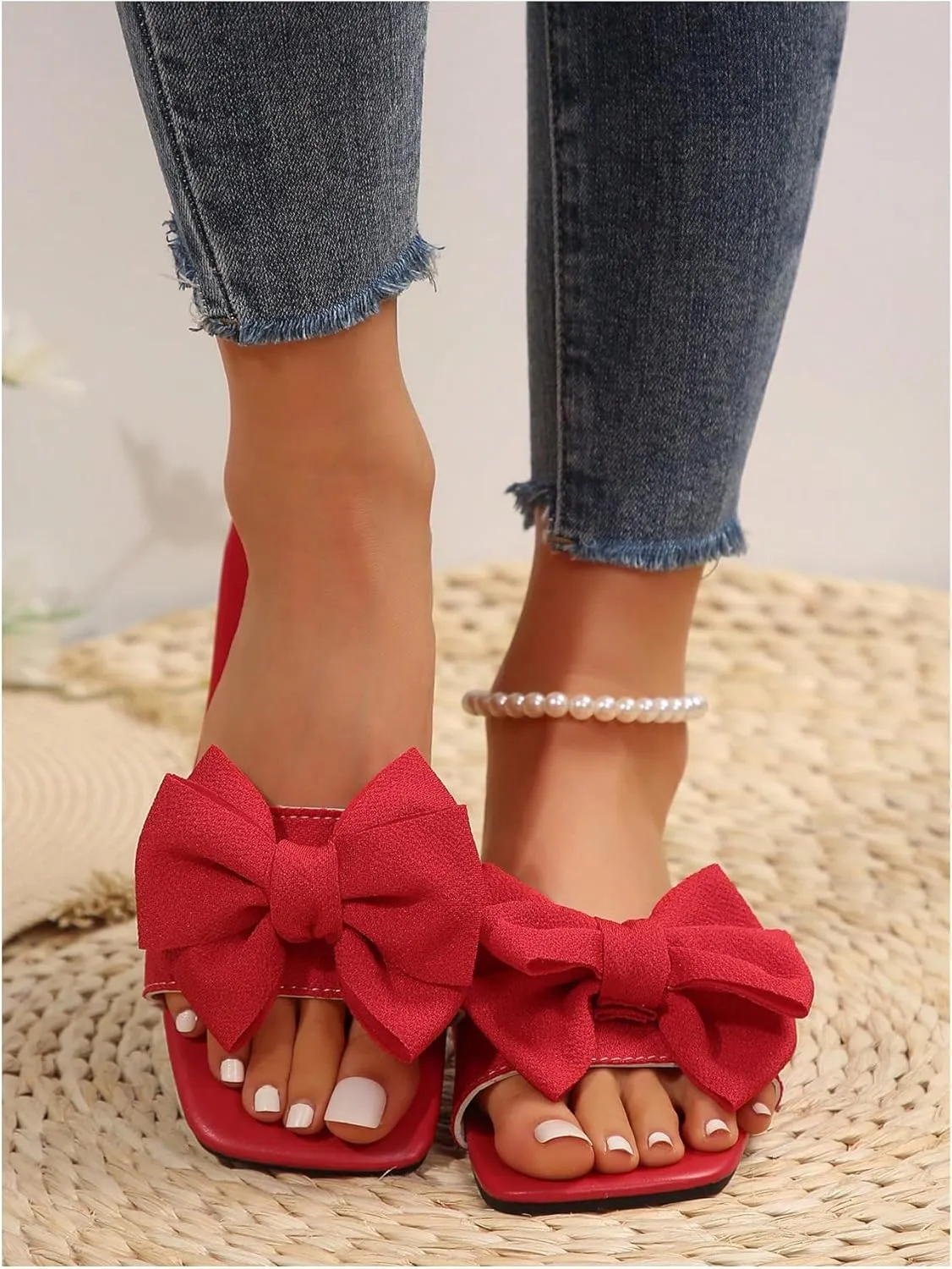 Verdusa Women's Bow Square Toe Flat Sandals Summer Slides Slip On Sandals