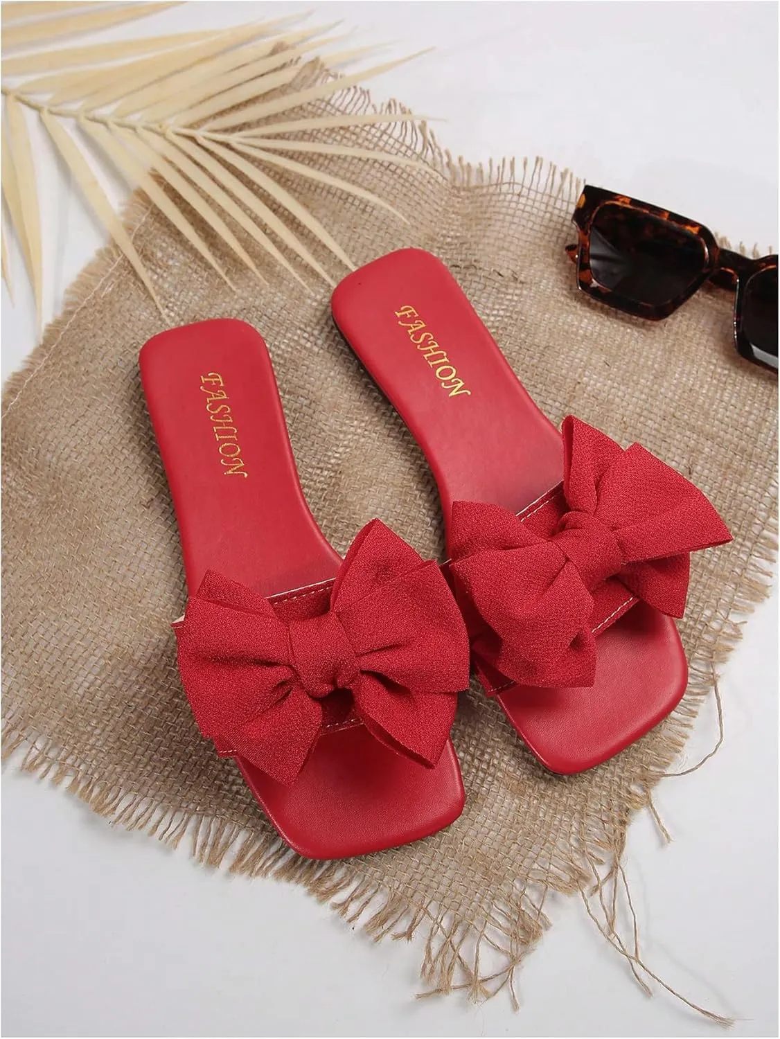 Verdusa Women's Bow Square Toe Flat Sandals Summer Slides Slip On Sandals