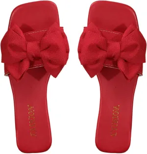 Verdusa Women's Bow Square Toe Flat Sandals Summer Slides Slip On Sandals