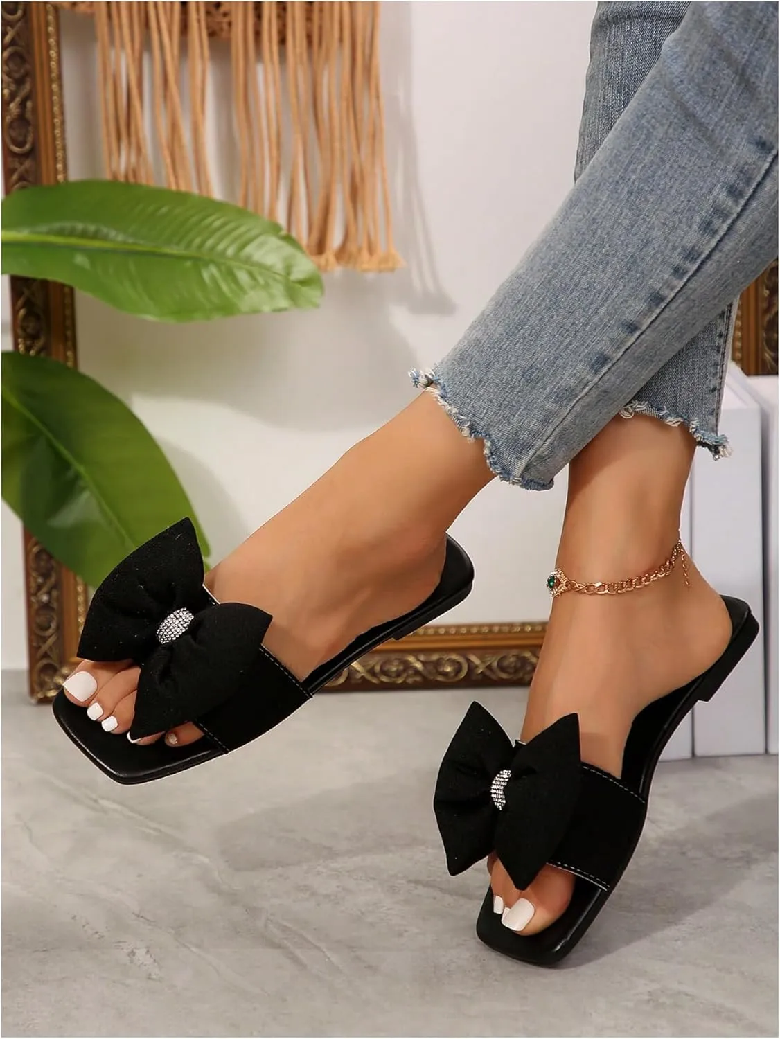 Verdusa Women's Bow Square Toe Flat Sandals Summer Slides Slip On Sandals