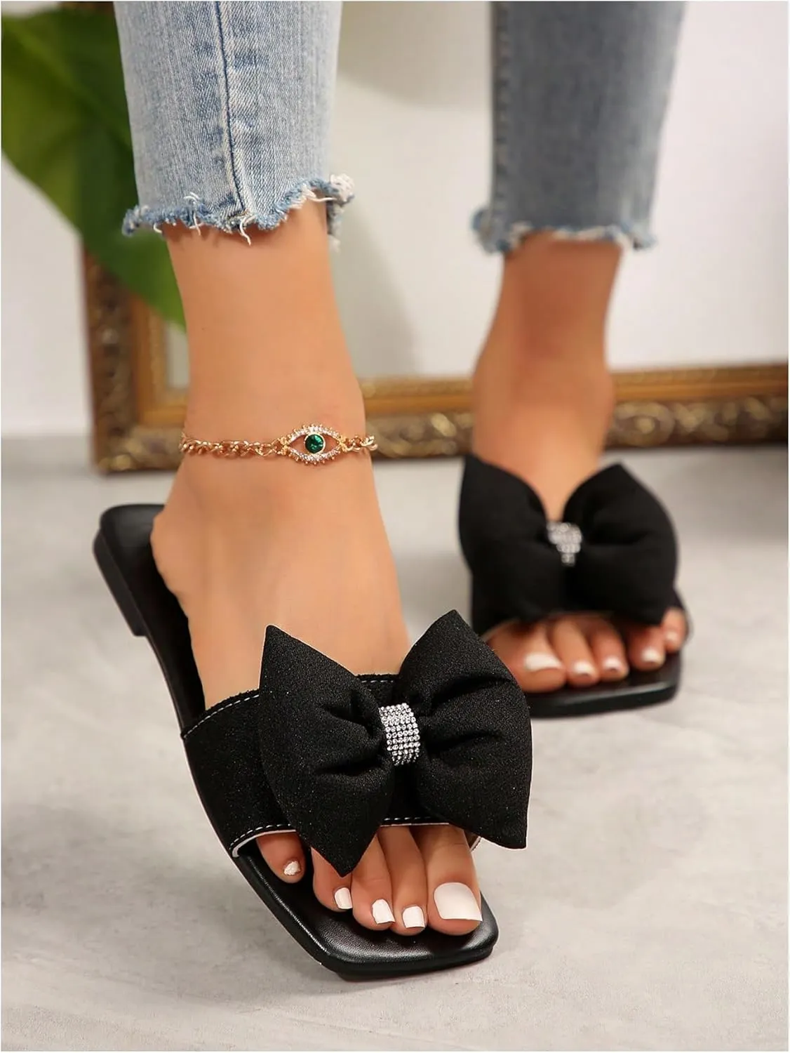 Verdusa Women's Bow Square Toe Flat Sandals Summer Slides Slip On Sandals