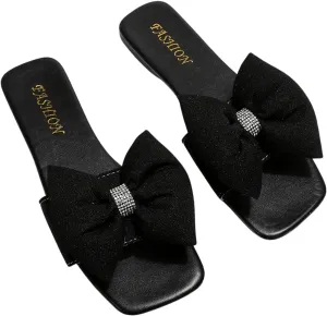 Verdusa Women's Bow Square Toe Flat Sandals Summer Slides Slip On Sandals