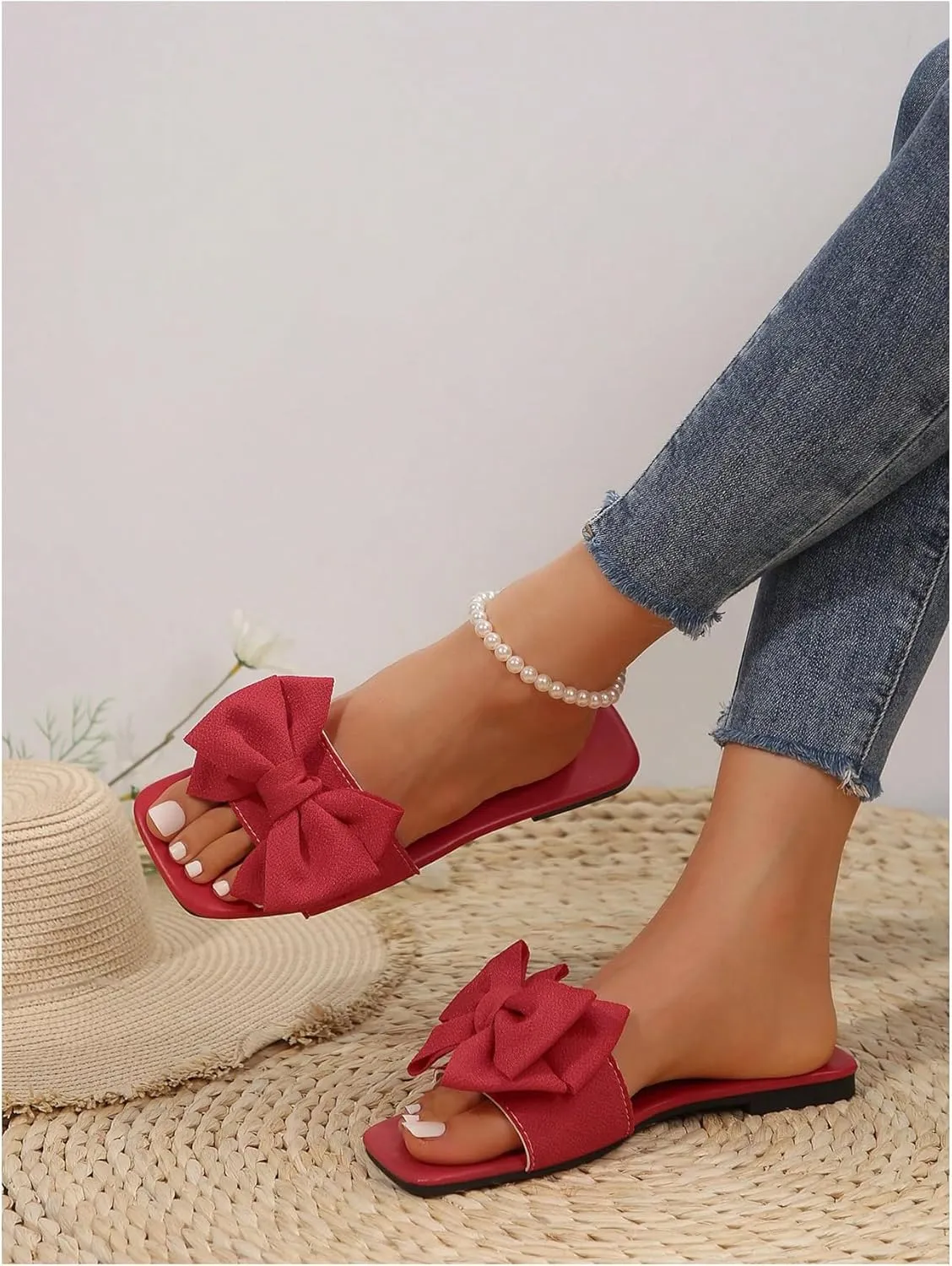 Verdusa Women's Bow Square Toe Flat Sandals Summer Slides Slip On Sandals