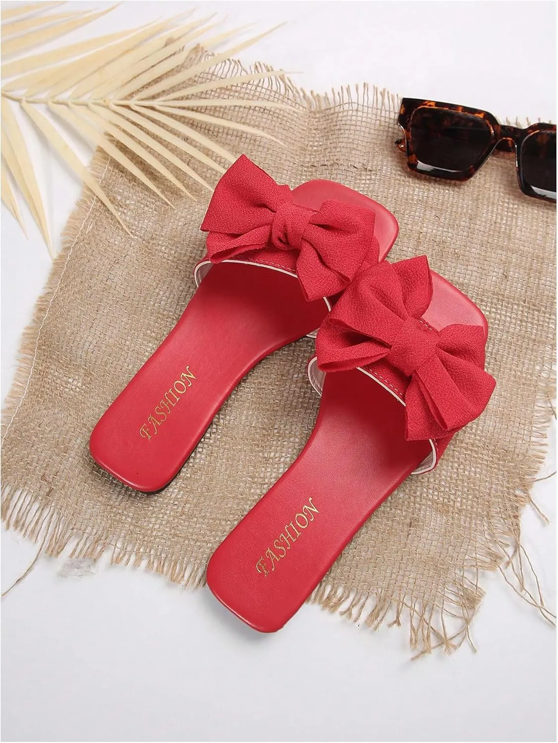 Verdusa Women's Bow Square Toe Flat Sandals Summer Slides Slip On Sandals
