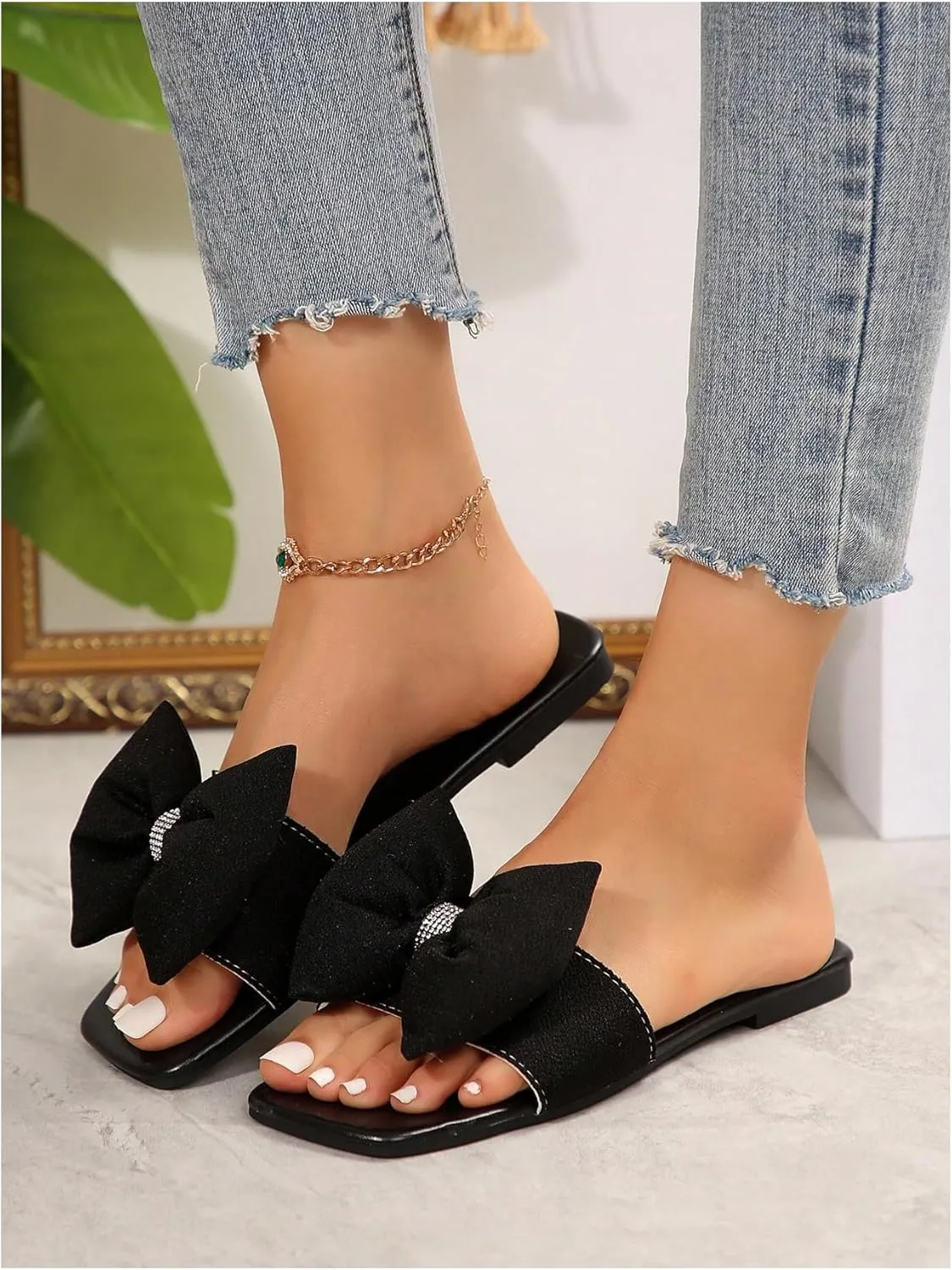 Verdusa Women's Bow Square Toe Flat Sandals Summer Slides Slip On Sandals