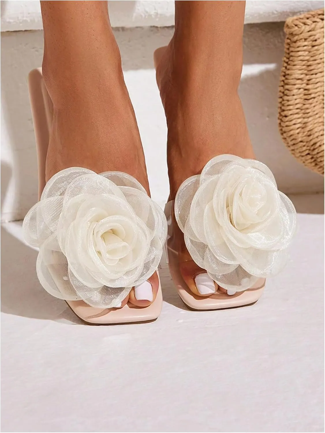 Verdusa Women's Flower Clear Flat Sandals Summer Open Toe Sandals Slip On Slides