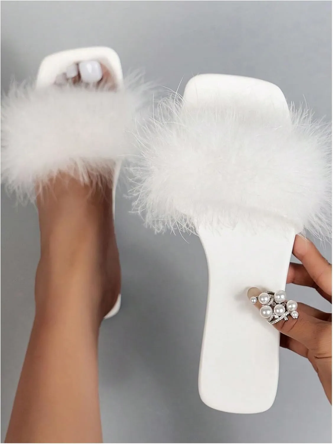 Verdusa Women's Furry Fuzzy Dressy Sandals Square Toe Slip on Leather Slippers