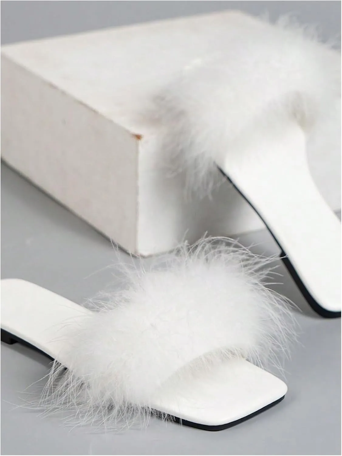 Verdusa Women's Furry Fuzzy Dressy Sandals Square Toe Slip on Leather Slippers