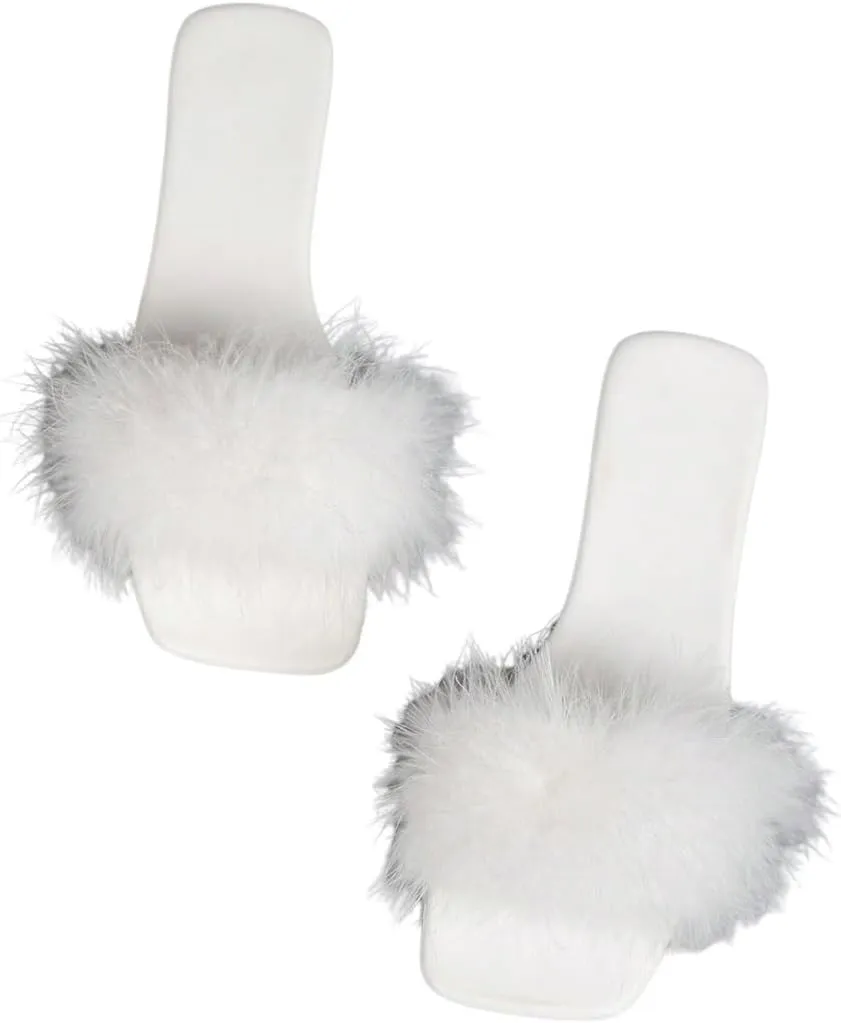 Verdusa Women's Furry Fuzzy Dressy Sandals Square Toe Slip on Leather Slippers