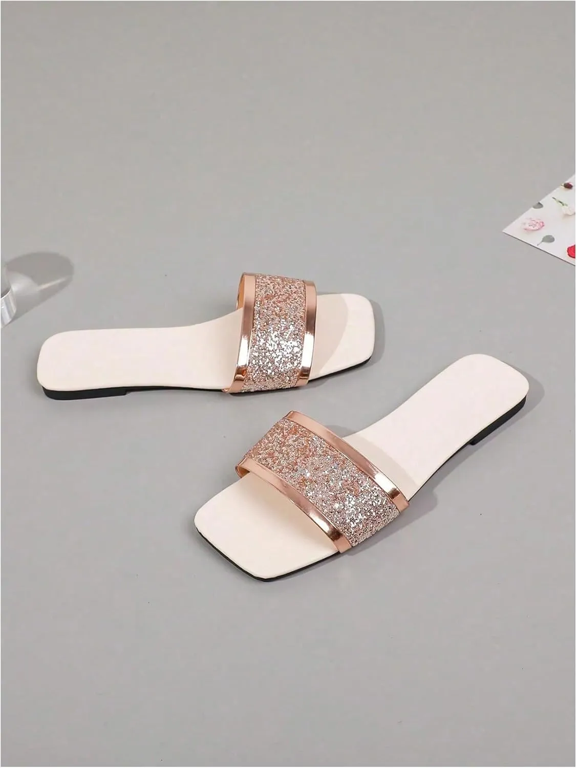 Verdusa Women's Glitter Rhinestone Leather Flat Sandals Slip on Open Toe Sandals