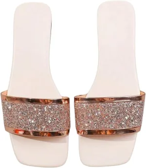 Verdusa Women's Glitter Rhinestone Leather Flat Sandals Slip on Open Toe Sandals