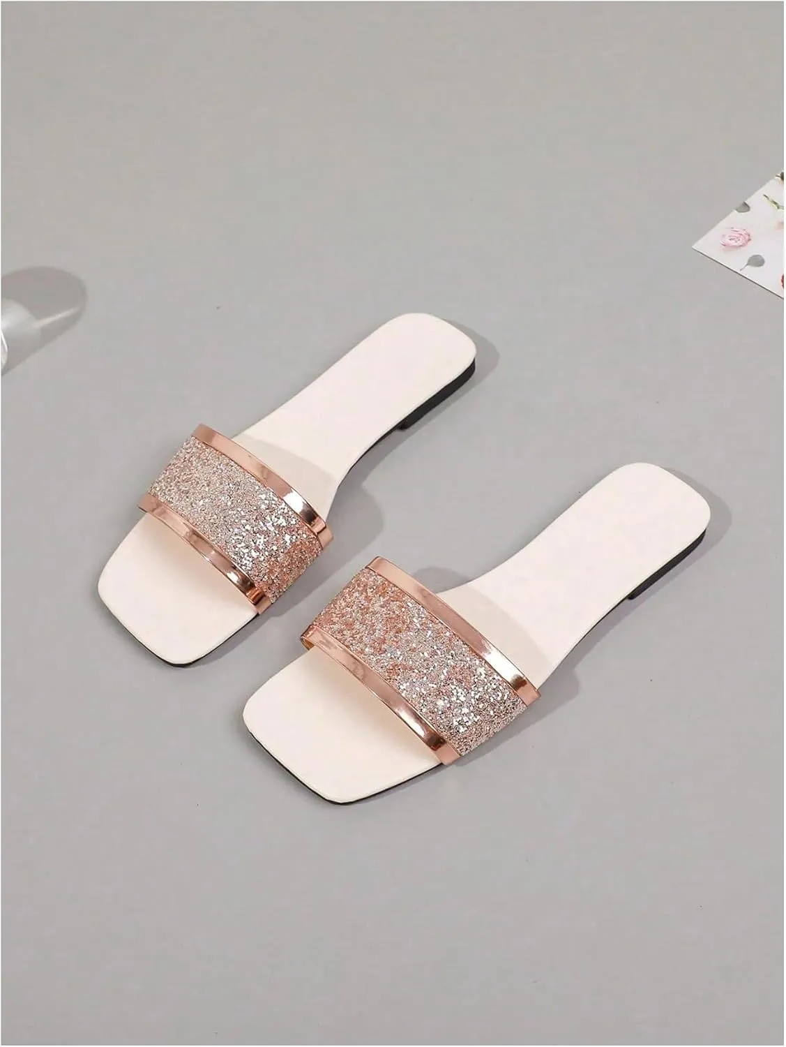 Verdusa Women's Glitter Rhinestone Leather Flat Sandals Slip on Open Toe Sandals