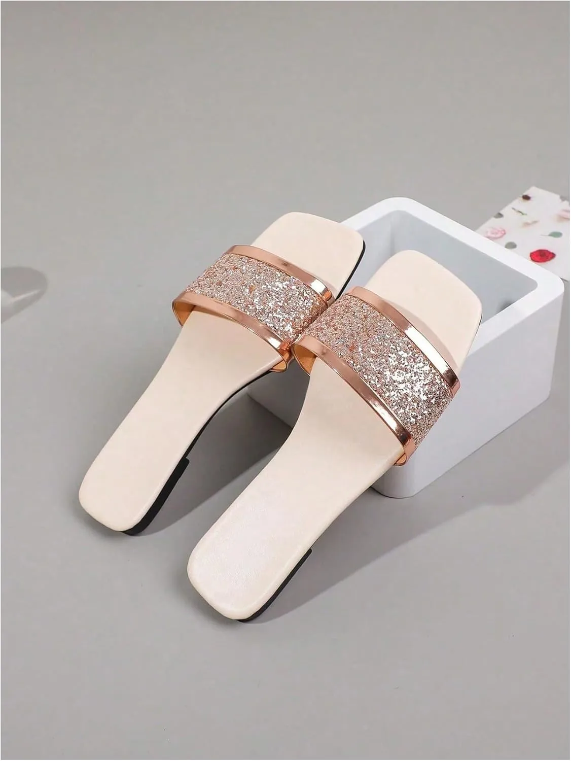 Verdusa Women's Glitter Rhinestone Leather Flat Sandals Slip on Open Toe Sandals