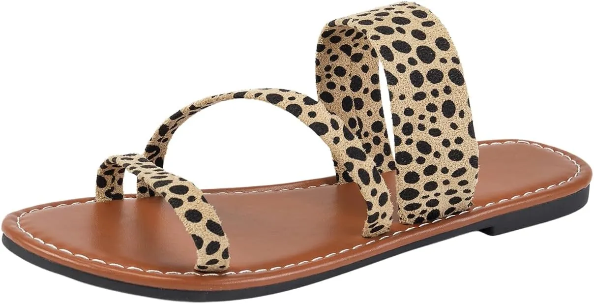 Verdusa Women's Leopard Print Strappy Summer Flat Sandals Slip On Slides