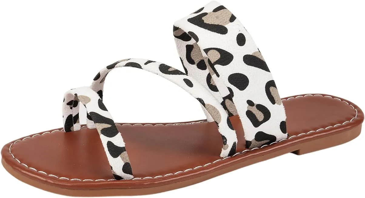 Verdusa Women's Leopard Print Strappy Summer Flat Sandals Slip On Slides