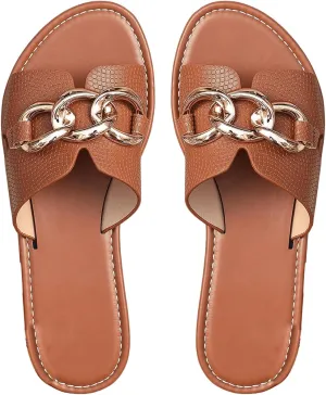 Verdusa Women's Open Toe Chain Flat Sandals Faux Leather Summer Slippers Slip on Slides