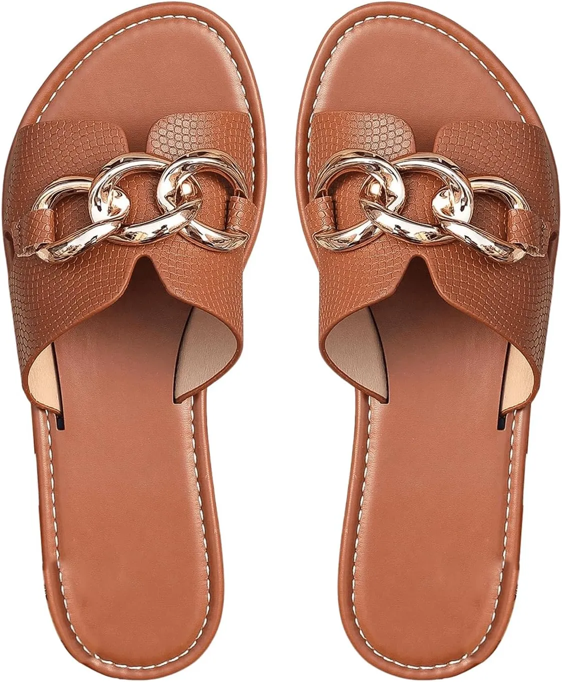 Verdusa Women's Open Toe Chain Flat Sandals Faux Leather Summer Slippers Slip on Slides