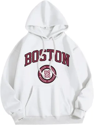 Vintage Boston Graphic Hoodies for Women Oversized Preppy Sweatshirt Letter Print Long Sleeve Casual Pullover Tops