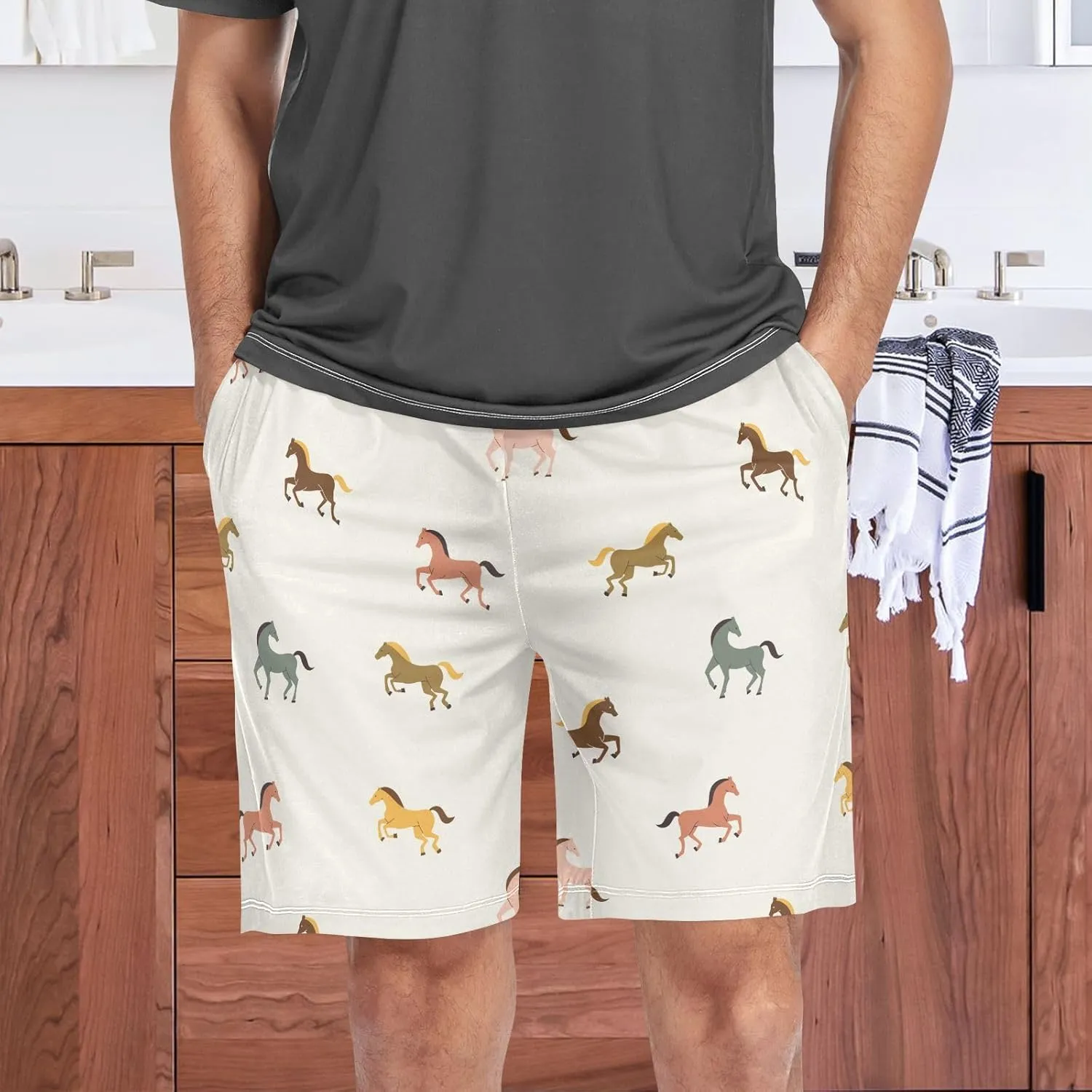 vvfelixl Men's Pajama Shorts Horses Flat Sleep Shorts for Men Pajama Bottom Pants with Drawstring & Pockets S