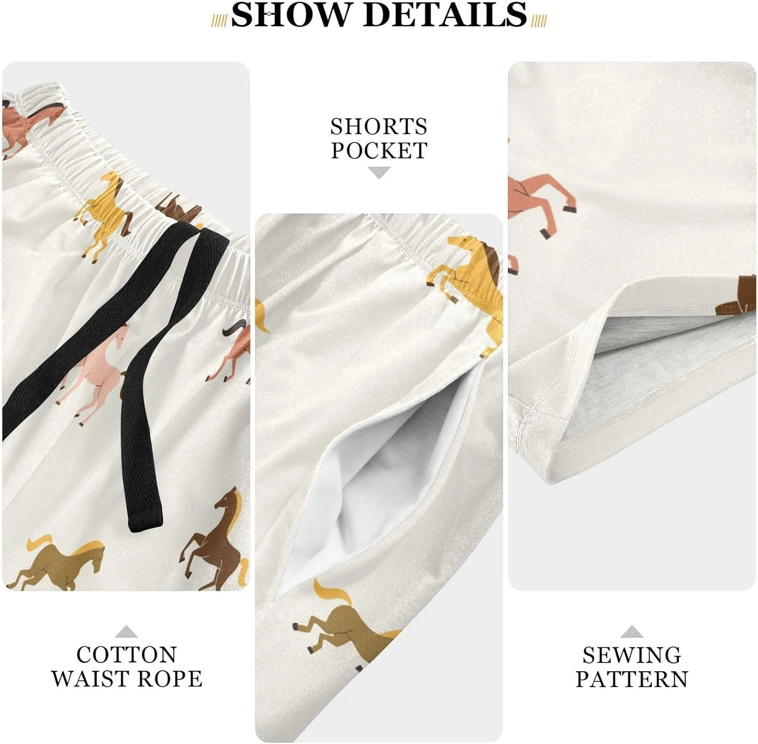 vvfelixl Men's Pajama Shorts Horses Flat Sleep Shorts for Men Pajama Bottom Pants with Drawstring & Pockets S