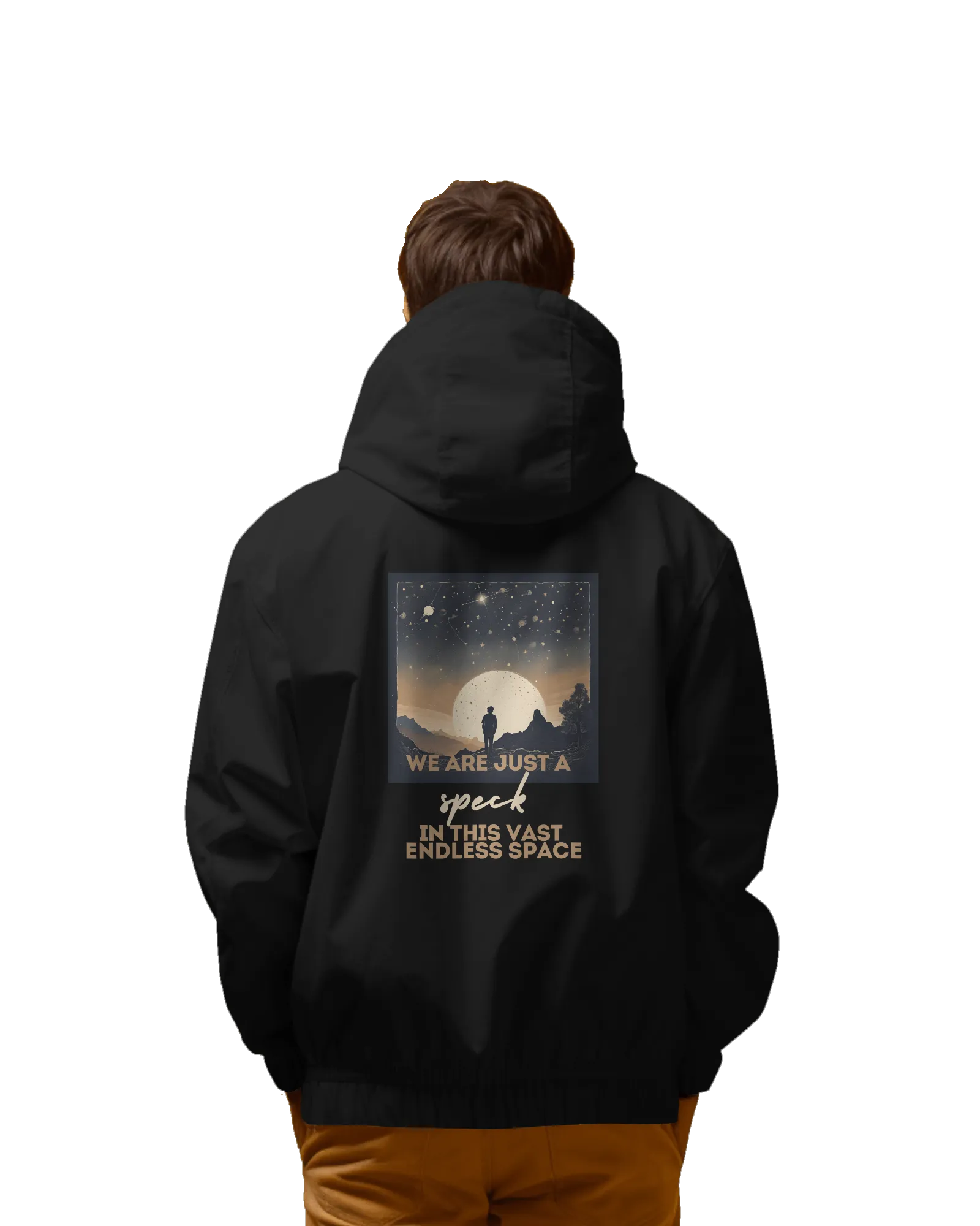 WE ARE JUST A SPECK -  UNISEX BLACK HEAVYWEIGHT ZIPPER HOODIE