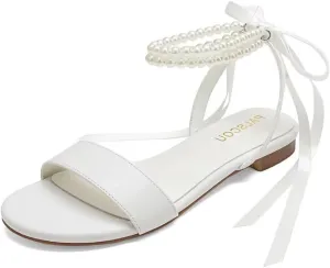 Wedding Shoes for Bride Flat Sandals Open Toe Pearl Bridal Shoes Flat Wedding Sandals