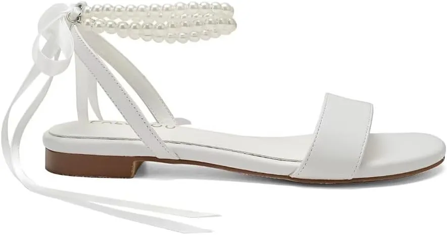 Wedding Shoes for Bride Flat Sandals Open Toe Pearl Bridal Shoes Flat Wedding Sandals
