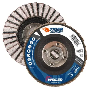 Weiler 51256 4-1/2"" Tiger Aluminum Flap Disc, Flat (Ty27), Phenolic Backing, 36Z, 5/8""-11 Arbor Hole (Pack of 10), 36 grit