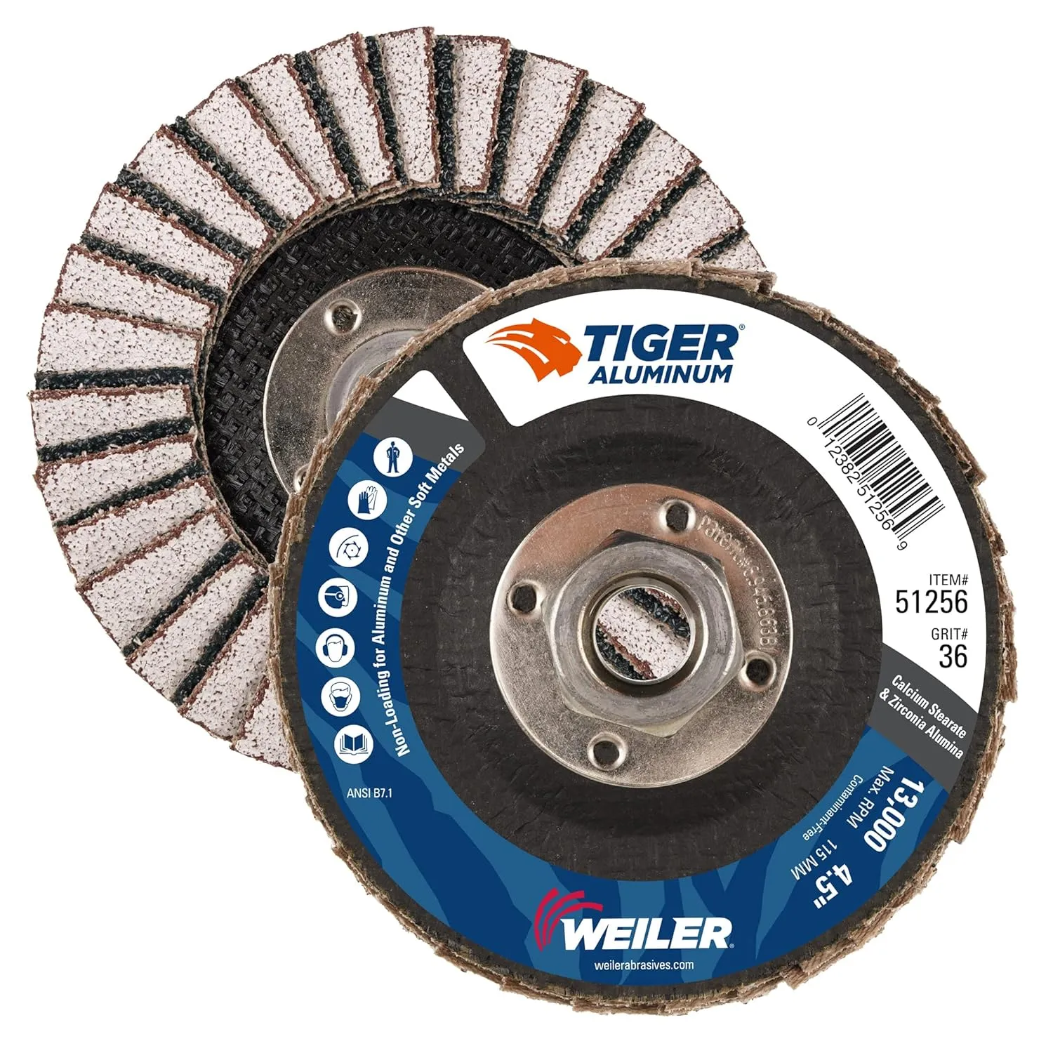 Weiler 51256 4-1/2"" Tiger Aluminum Flap Disc, Flat (Ty27), Phenolic Backing, 36Z, 5/8""-11 Arbor Hole (Pack of 10), 36 grit