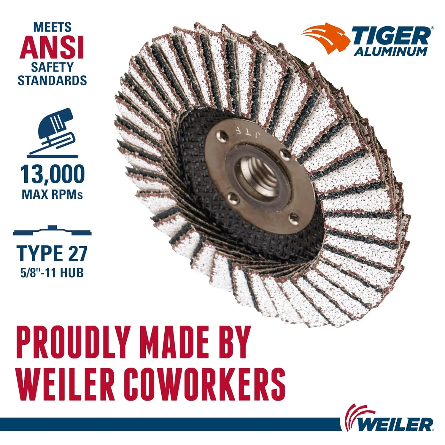 Weiler 51256 4-1/2"" Tiger Aluminum Flap Disc, Flat (Ty27), Phenolic Backing, 36Z, 5/8""-11 Arbor Hole (Pack of 10), 36 grit