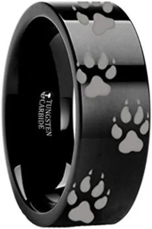 WOLF TRACK PRINTS Animal Tracks Wolf Print Black Flat Tungsten Inside Engraved Ring 8mm Wide Wedding Band with Custom Inside Engraved Personalized