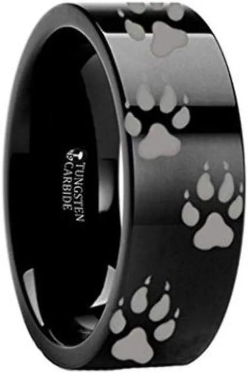 WOLF TRACK PRINTS Animal Tracks Wolf Print Black Flat Tungsten Inside Engraved Ring 8mm Wide Wedding Band with Custom Inside Engraved Personalized