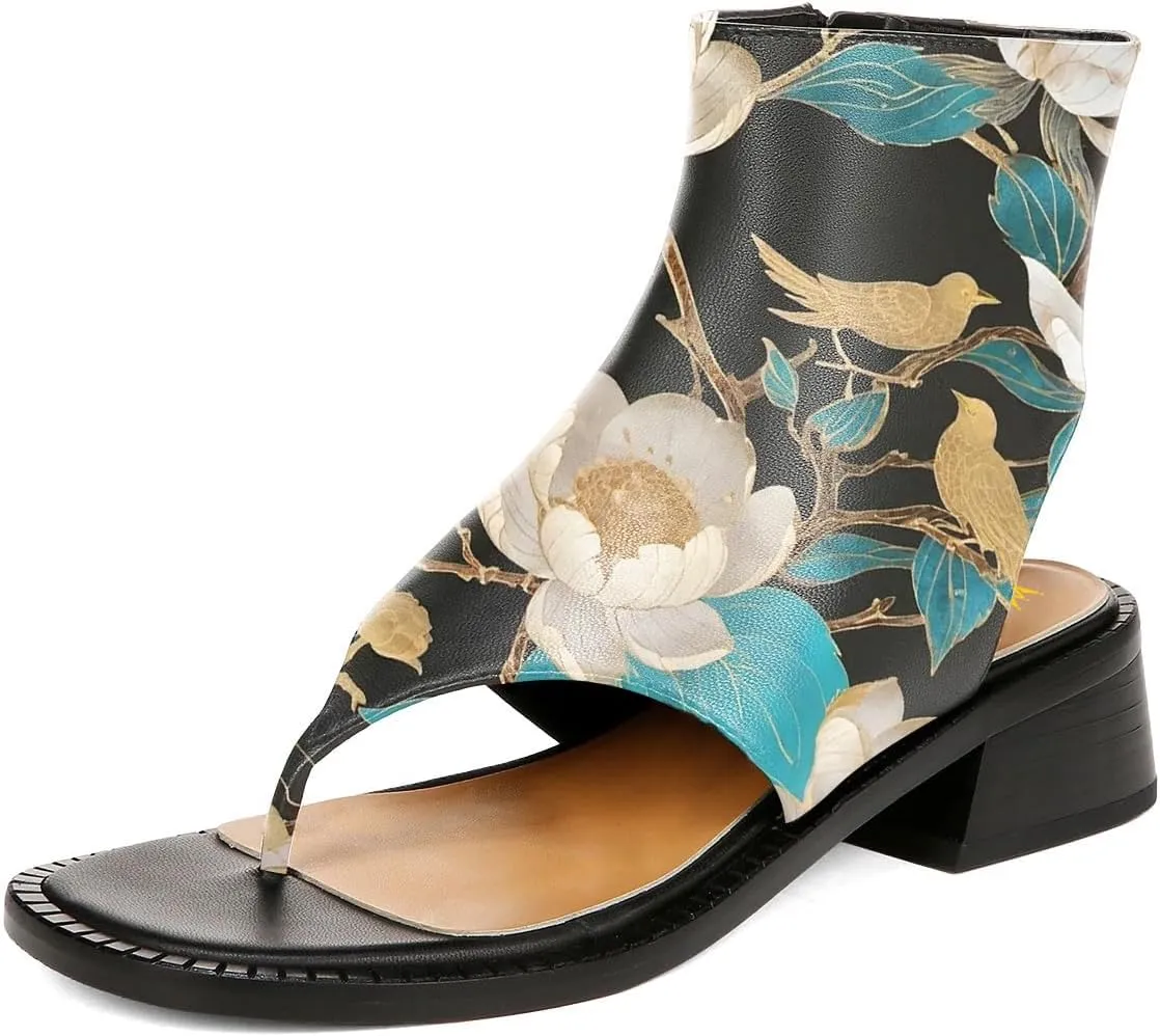Women Ankle Sandals Boots Chunky Low Heels Flip Flop Open Toe Side Zippers Shoe Shopping Party Prom Size 4-16 US