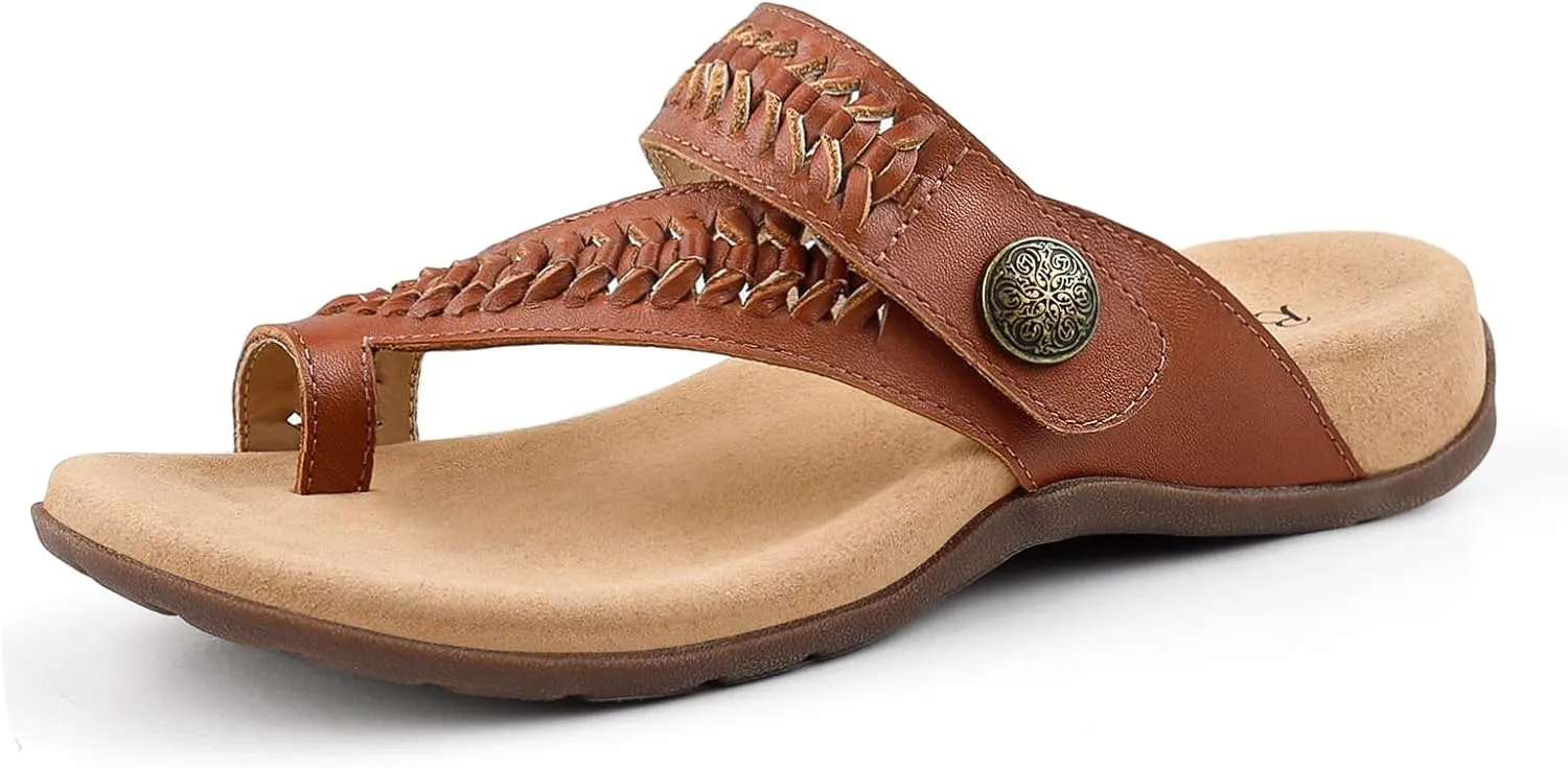 Women Comfort Adjustable Leather Flip Flop Sandals with Arch Support