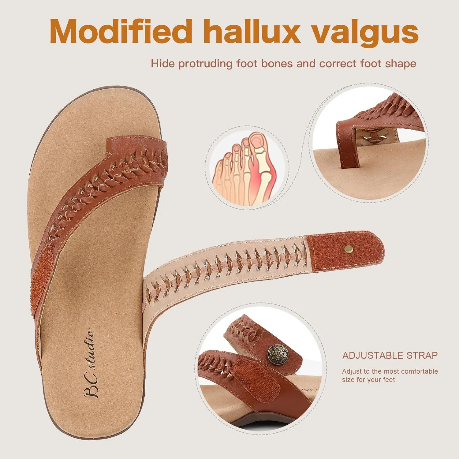 Women Comfort Adjustable Leather Flip Flop Sandals with Arch Support