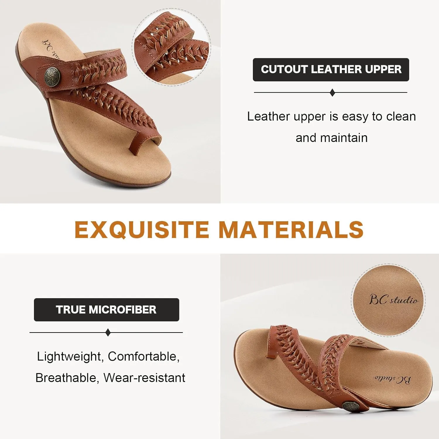 Women Comfort Adjustable Leather Flip Flop Sandals with Arch Support