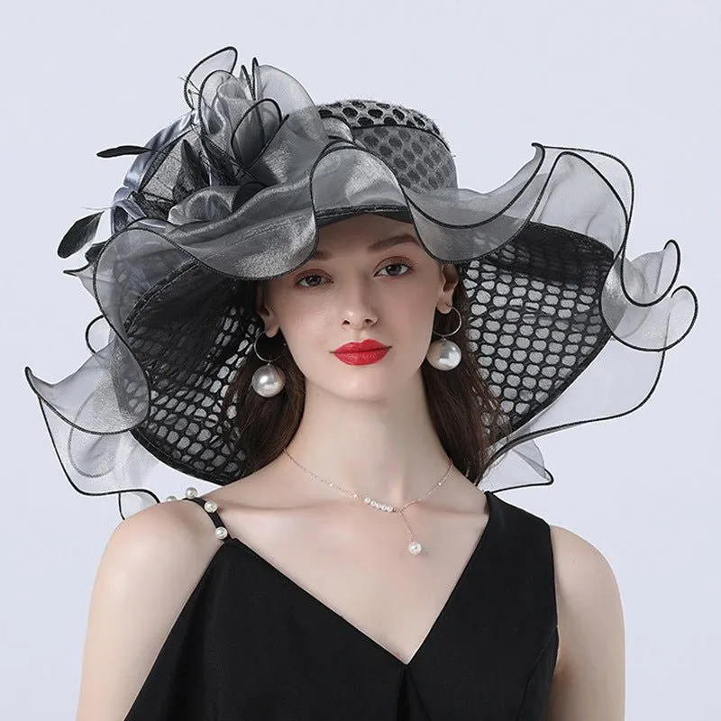 Women Derby Flower Wide Brim Hats for Tea Party