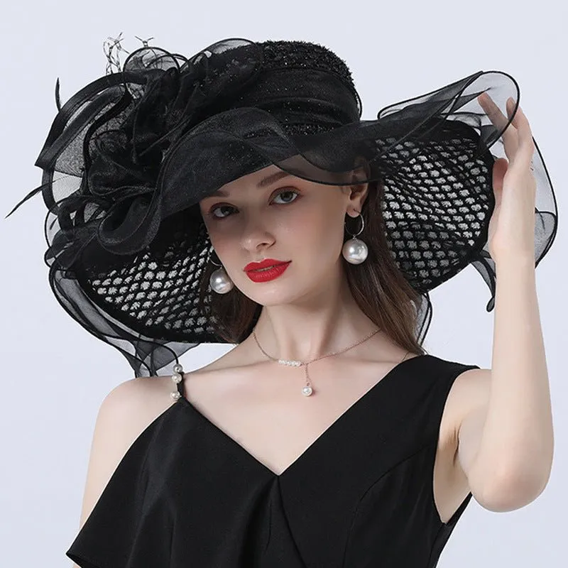 Women Derby Flower Wide Brim Hats for Tea Party