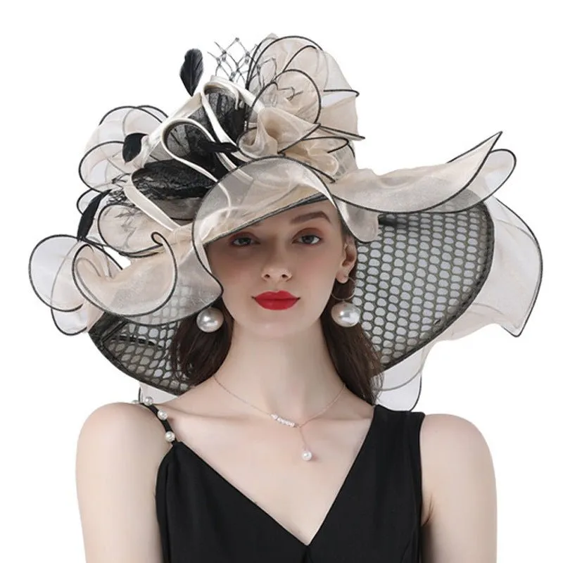 Women Derby Flower Wide Brim Hats for Tea Party