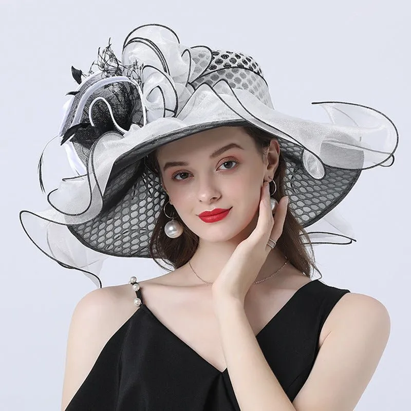 Women Derby Flower Wide Brim Hats for Tea Party